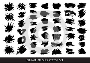 Set of black paint, ink brush strokes, brushes, lines. Dirty artistic design elements, boxes, frames for text. Vector illustration