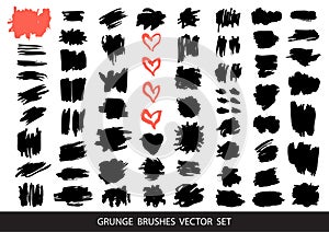 Set of black paint, ink brush strokes, brushes, lines. Dirty artistic design elements, boxes, frames for text. Vector illustration