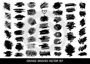 Set of black paint, ink brush strokes, brushes, lines. Dirty artistic design elements, boxes, frames for text. Vector illustration