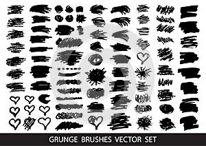 Set of black paint, ink brush strokes, brushes, lines. Dirty artistic design elements, boxes, frames for text. Vector illustration