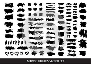 Set of black paint, ink brush strokes, brushes, lines. Dirty artistic design elements, boxes, frames for text. Vector illustration