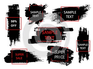 Set of black paint, ink brush strokes and geometric shapes. Creative design elements. Place for text or quote.