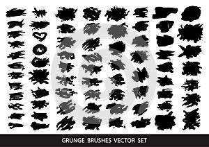 Set of black paint, ink brush strokeSet of black paint, ink brush strokes, brushes, lines. Dirty artistic design elements, boxes,