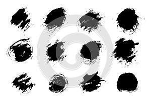 Set black paint, ink splash, brushes ink droplets, blots. Black ink splatter grunge background, isolated on white.