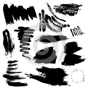 Set of black paint, ink splatters, grunge texture, brush strokes, brushes, blots, drops, splashes. Vector collection dirty