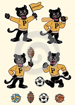 Set of Black Panther Sport Mascot in Vintage Retro Hand Drawn Style