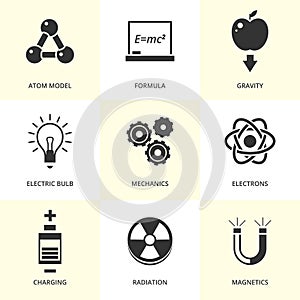 Set of black physics icons.