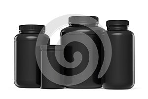 Set of black plastic jar for sport nutrition protein powder isolated on white