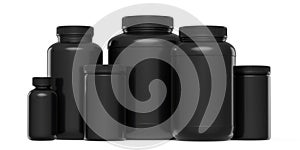 Set of black plastic jar for sport nutrition protein powder isolated on white