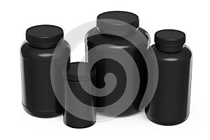 Set of black plastic jar for sport nutrition protein powder isolated on white