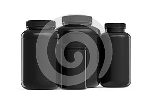Set of black plastic jar for sport nutrition protein powder isolated on white