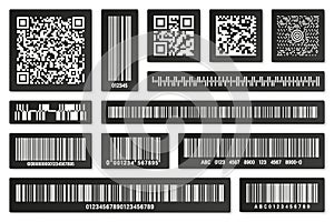 Set of black product barcodes and QR codes. Identification tracking code. Serial number, product ID with digital