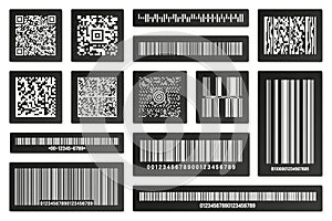 Set of black product barcodes and QR codes. Identification tracking code. Serial number, product ID with digital