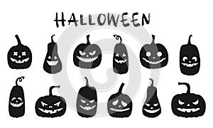 A set of black pumpkin silhouettes with funny faces. Halloween pumpkins with different facial expressions. Templates for