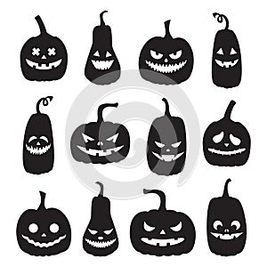 A set of black pumpkin silhouettes with spooky faces. Halloween pumpkins with different facial expressions. Templates