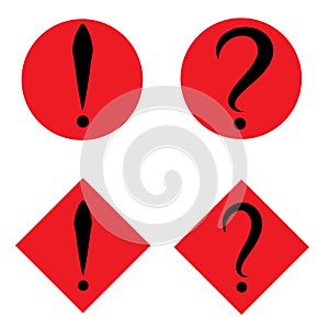 Set of black question and exclamation marks in red circle and square. Vector icon. Flat design style