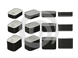 Set of black rectangle tin cans in various sizes, clipping path