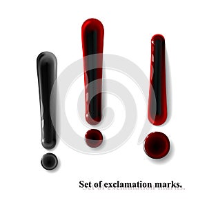 Set black and red 3d rounded plastic glossy realistic business exclamation mark. Design infographics, presentation or chart.