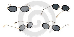 Set Black Retro sunglasses in oval frame isolated on white background. Collection fashion Vintage summer sunglasses