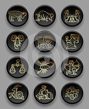 Set of black round icons with gold linear zodiacal signs