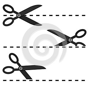 Set of Black Scissors with Cut Lines Vector Isolated