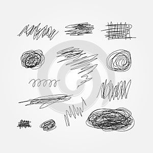 Set of black scribbles drawn by hand. Doodle, sketch, grunge.