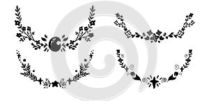 Set of black semicircular frame with twig, moon and star. Vector nature design elements. Silhouette of plant borders for articles