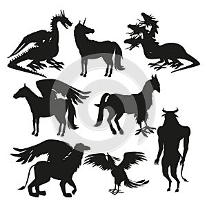 Set black silhouette animal greek mythological creatures