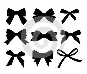 Set of black silhouette gift bows. Vector illustration. Concept for invitation, banners, gift cards, congratulation or website lay