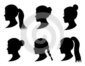 Set of black silhouette girl head with different hairstyle: tail, ponytail, bun, braid hairstyle.