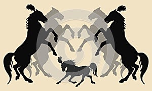 Set, black silhouette, horses circus on colored background, horse show