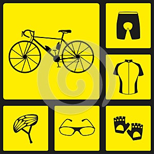 Set of black silhouette icons of bicycle uniform. Six bike icons, infographic elements. Vector illustration. Bicycle set number th