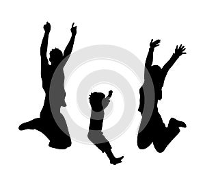 Set of black silhouette of jumping people on white background