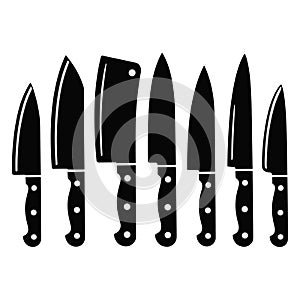 Set of kitchen knives in black silhouette on white background for culinary and cooking designs