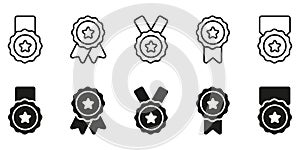 Set of Black Silhouette and Line Medals with Ribbon and Stars. Rewards for Sport Champion on White Background. Round