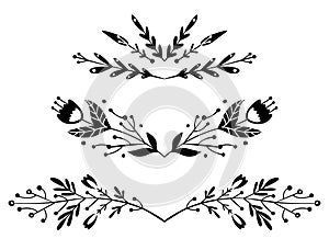 Set of black silhouette os spacers with tribal twig. Vector nature design elements. Folk plant text delimiters for articles,