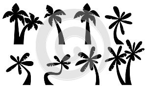 Set black silhouette palm trees isolated on white background. Vector illustration