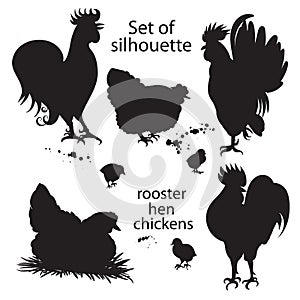 Set of black silhouette of roosters, hens and chickens.. Hand-drawn doodle