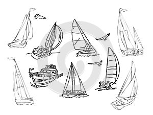 A set of black silhouette sailboats, a set of sailboat badges. doodle style. Vector collection