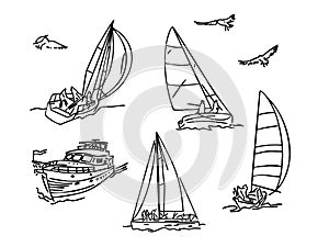 A set of black silhouette sailboats, a set of sailboat badges. doodle style. Vector collection