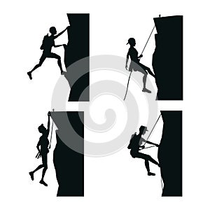 Set black silhouette scene men climbing on a rock mountain