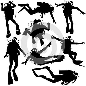 Set black silhouette scuba divers. Vector illustration