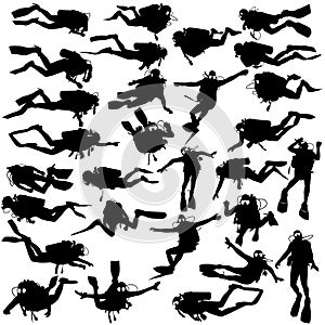 Set black silhouette scuba divers. Vector illustration