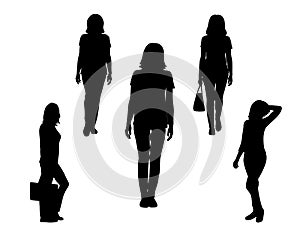 Set of black silhouette of standing woman, with bag on white background.