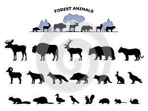 Set of black silhouette wild forest steppe animals