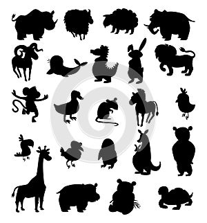 Set of black silhouettes of different animals