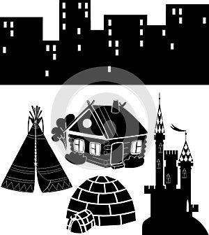 Set of black silhouettes of different buildings and traditional dwellings isolated on white background