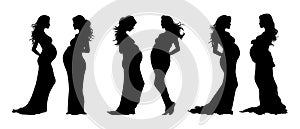 Set of black silhouettes of different pregnant women side view. Outline of a mommy expecting the birth of a baby, vector