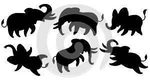 Set of black silhouettes of elephants. Cute cartoon elephants in different poses. Vector illustration isolated on white