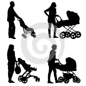 Set black silhouettes Family with pram on white background. Vector illustration